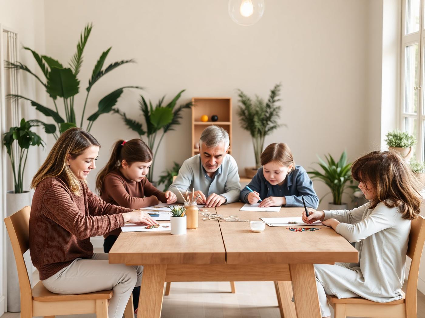 Een kleine groep mensen werkt samen aan een creatieve activiteit aan een houten tafel.